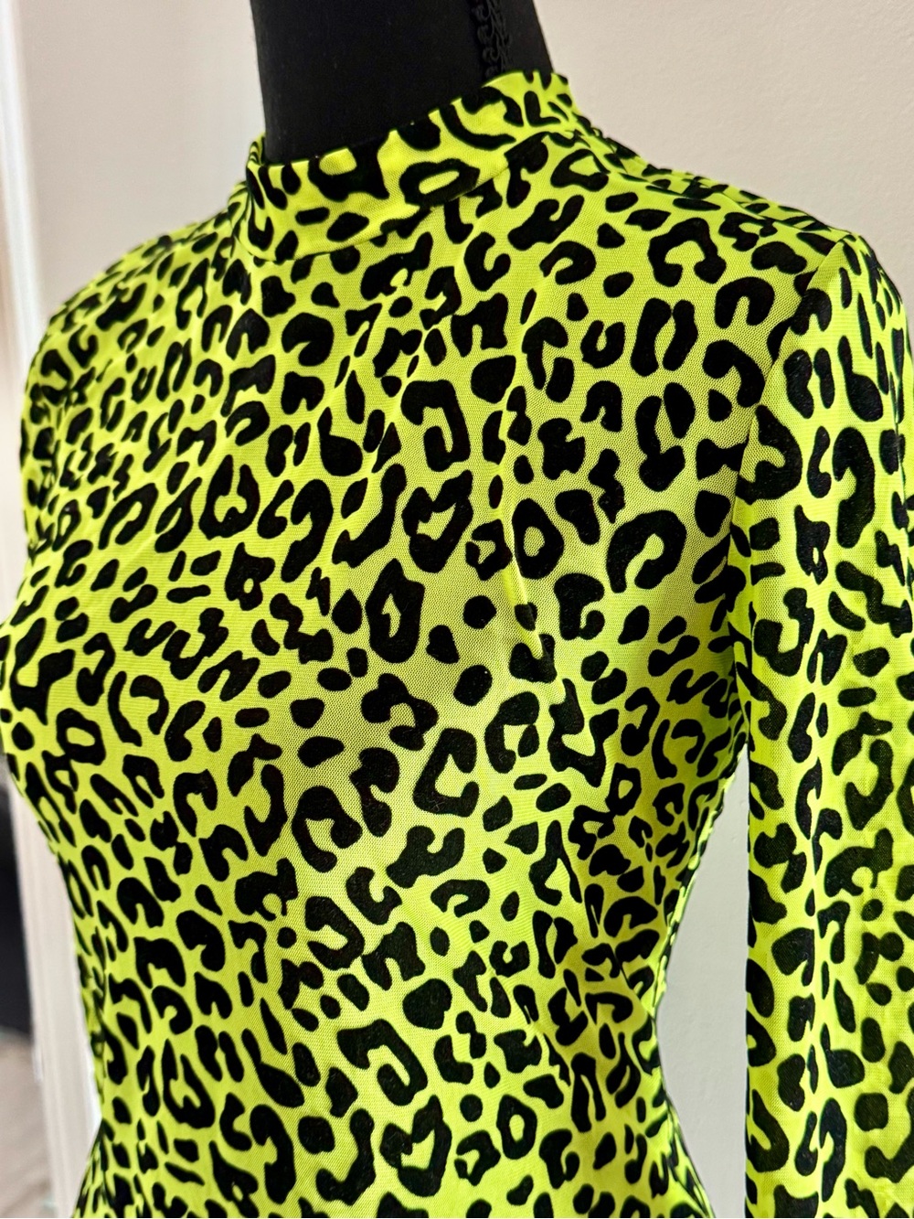 Amazon Neon Lime and Black Leopard Print Mock Neck Long Sleeve Top